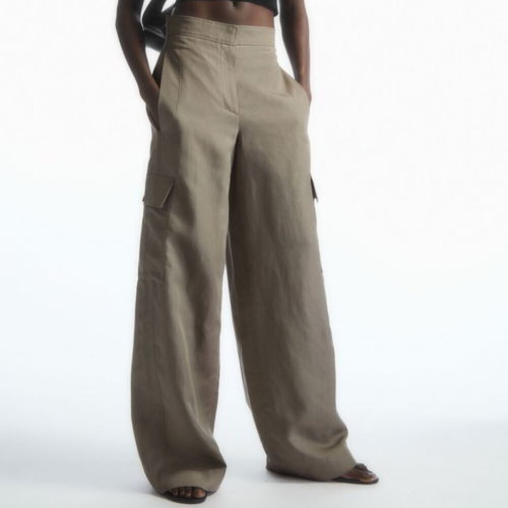 COS Wide Leg Linen Blend Cargo Trousers in Stone Size 14 NWT